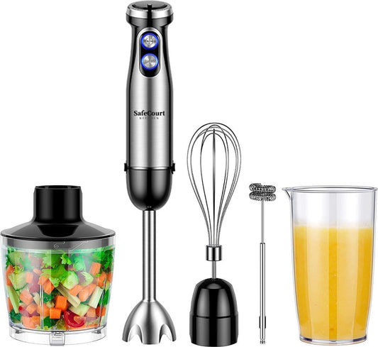 Ensemble de mixeurs à main 6 pièces Safecourt Kitchen - 1000 Watts - Hachoir - 20 vitesses - Comprend un mousseur à lait et une tasse à mesurer