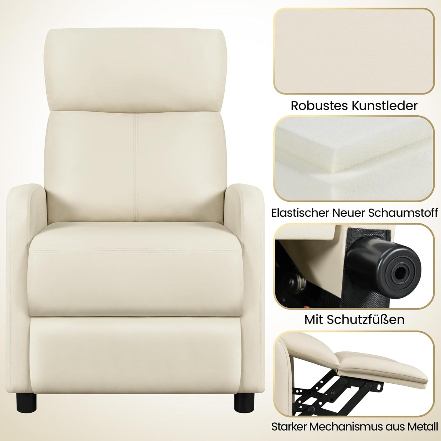 Fauteuil de détente Yaheetech XL - Fauteuil inclinable avec repose-pieds - Simili cuir beige - 87 x 61,5 x 99 cm