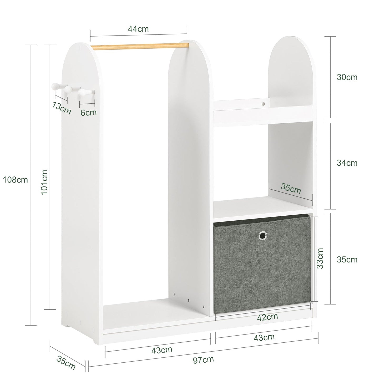 SoBuy Armoire enfant - 3 étagères 1 panier 3 crochets - blanc - 97 x 35 x 108 cm