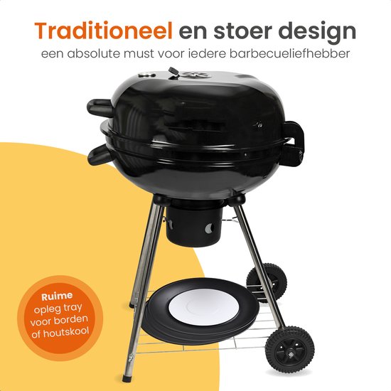 Barbecue au charbon de bois Goliving - Ø54 cm - Accessoires inclus - Barbecue au charbon de bois sur roues - BBQ XXL avec couvercle - Rond - 65 x 89 cm - Noir - Métal