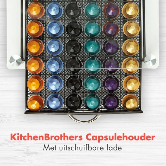 KitchenBrothers Porte-capsules - avec tiroir - Nespresso - 60 tasses - Verre - inox/noir