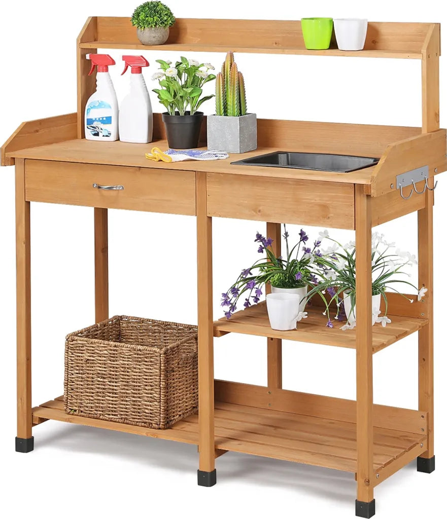 Yaheetech Table à plantes - avec évier - étagère réglable - table de travail pour le jardin - table de rempotage en bois - résistante aux intempéries