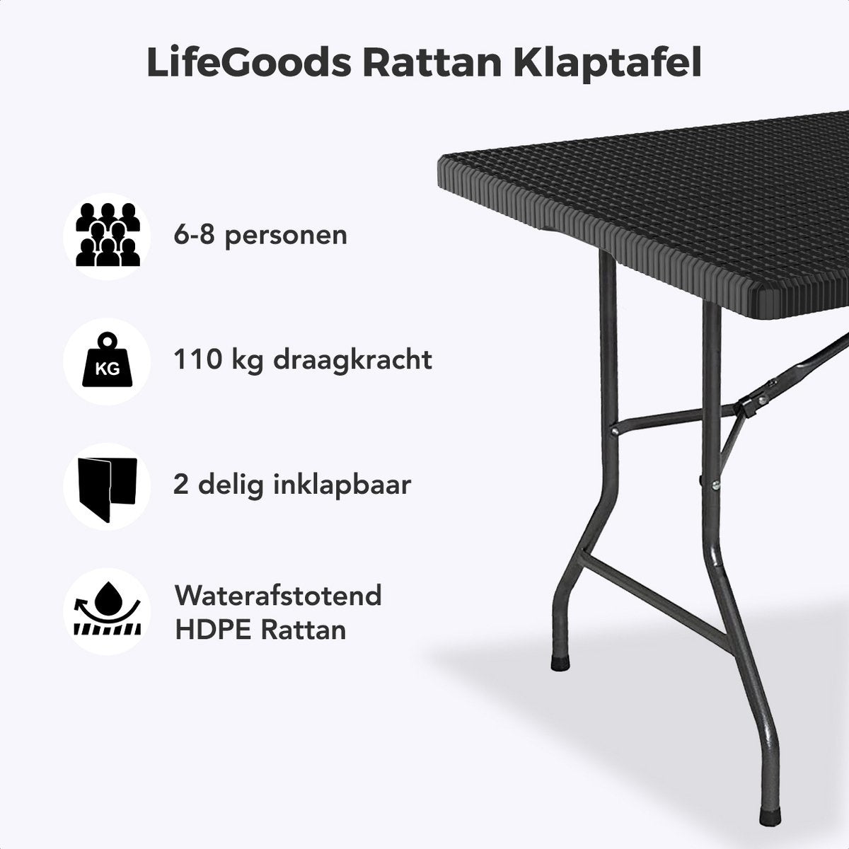 LifeGoods Table pliante - 180 cm - Table de camping - 6 à 8 personnes - Table pliante - Noir