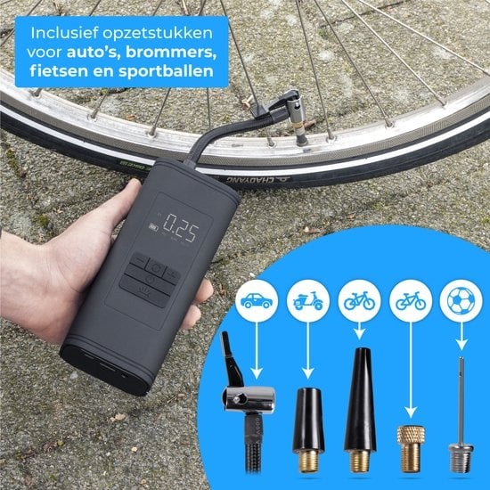 Nuvance - Pompe à pneu à compresseur - 4000mAH - Pompe électrique pour vélo - Compresseur d'air pour voiture, scooter, vélo, ballon et matelas pneumatique - Accessoires inclus - Lampe de poche - PRO
