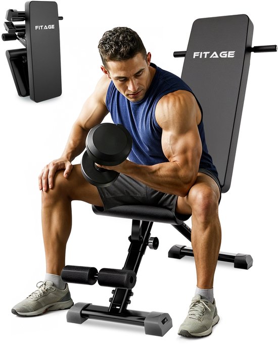 FITAGE Fitness Bench - Banc de musculation jusqu'à 300KG - Réglable - Pliable - Noir