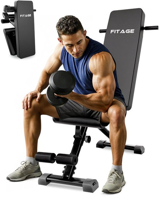 FITAGE Fitness Bench - Banc de musculation jusqu'à 300KG - Réglable - Pliable - Noir