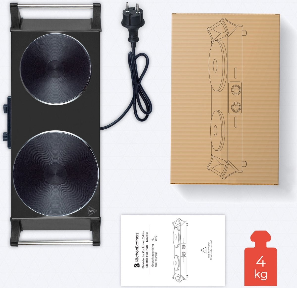 Plaque de cuisson KitchenBrothers  - 2 foyers - 54,3 x 22,8 x 10 cm - 2500W - Noir