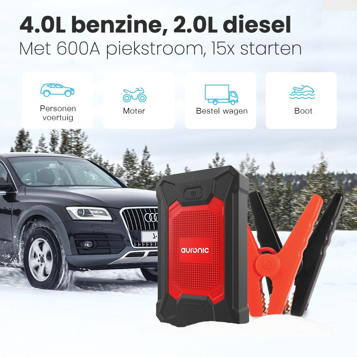 Auronic 12V Jumpstarter for Car 600A / 7,200 mAh 4-in-1 Starter Aid Incl. bag - Red/Black