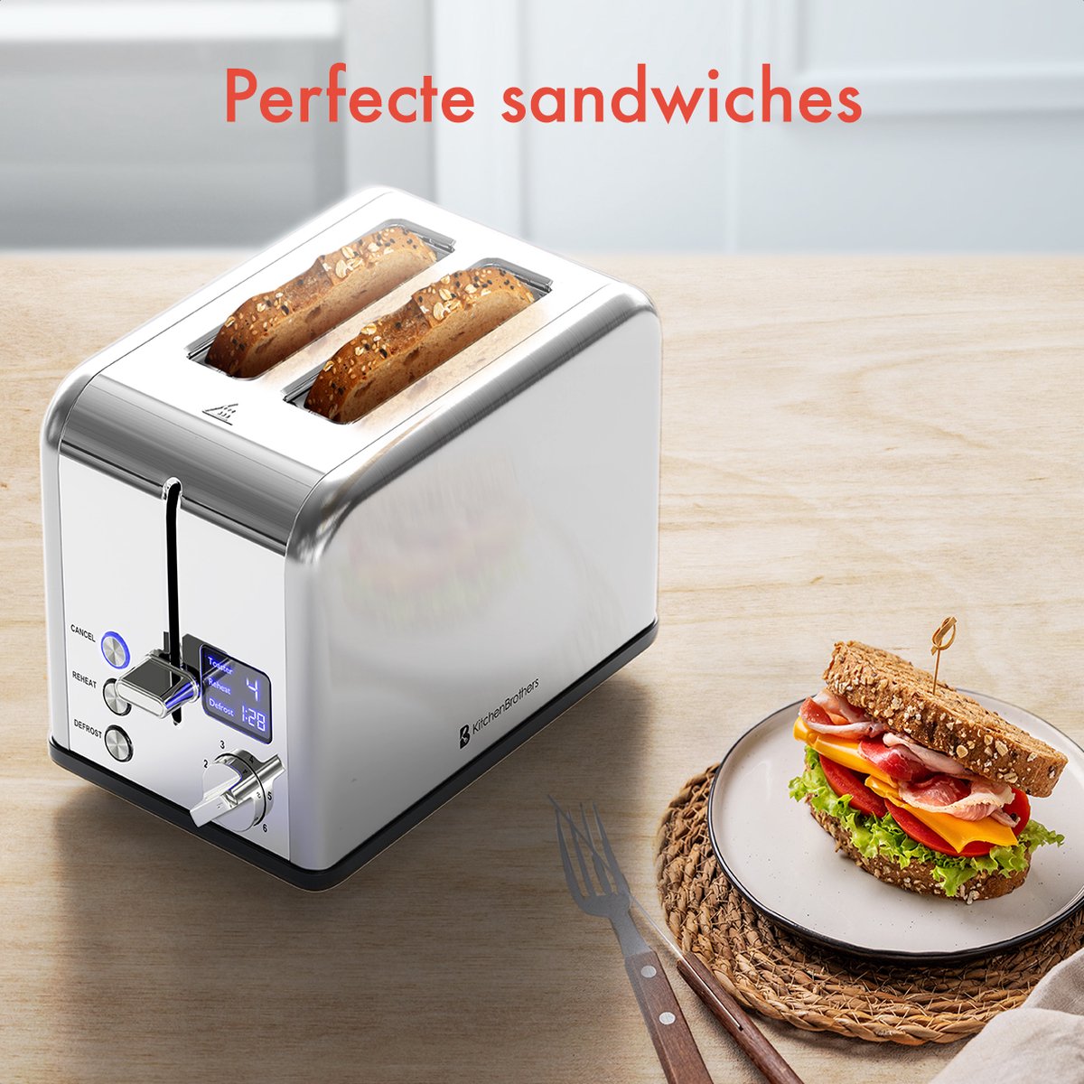 KitchenBrothers Toaster - Grille-pain - 6 niveaux de chaleur - 2 fentes extra-larges - 815W - Acier inoxydable/Argent