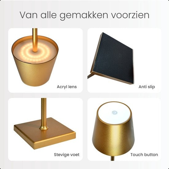 Goliving Lampe à poser Rechargeable - Sans fil et dimmable - Lampe tactile moderne - Lampe de nuit pour chambre à coucher - 26 cm - Or