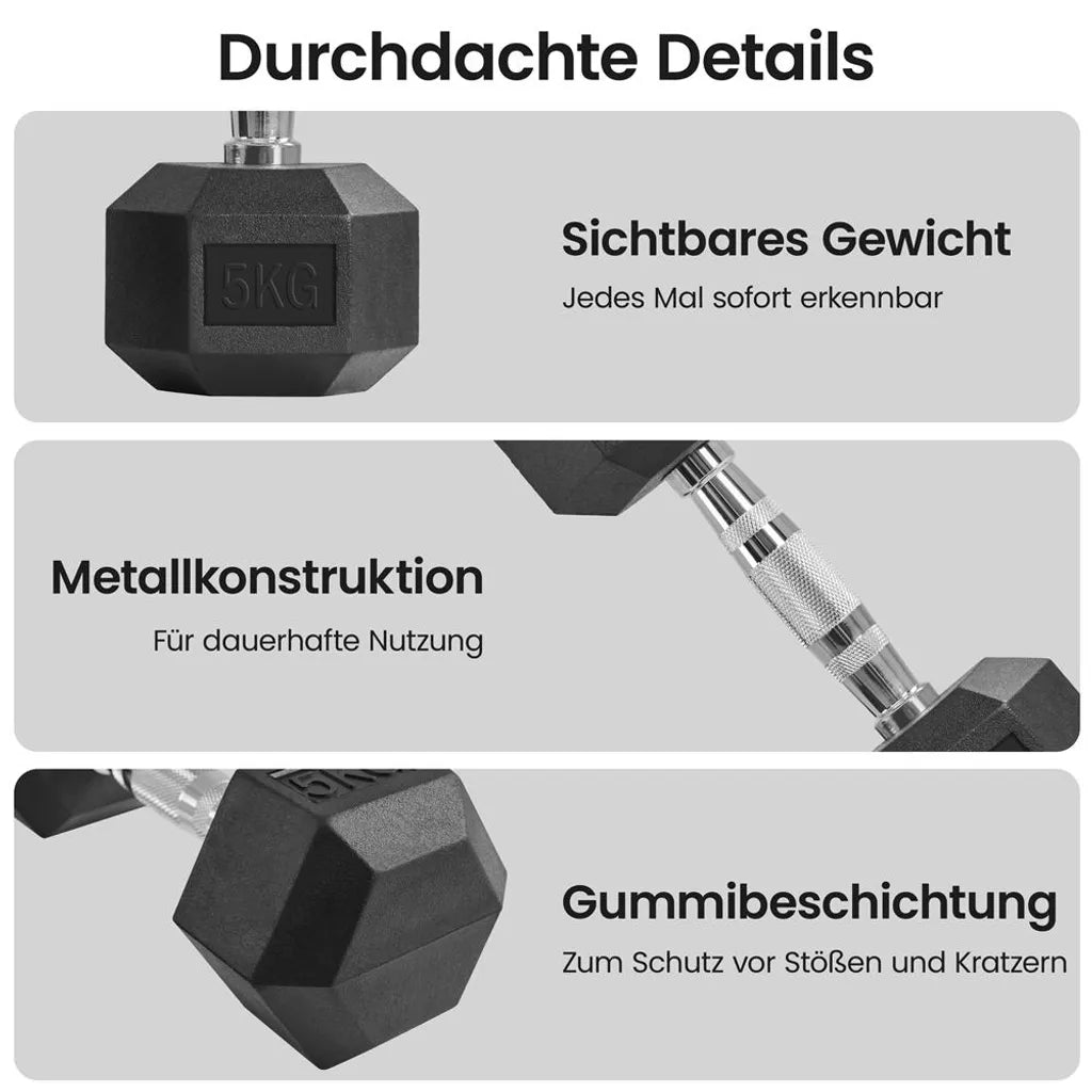 Lot de 2 haltères hexagonaux Yaheetech de 5 kg chacun - Noir - Haltères en caoutchouc avec poignées antidérapantes