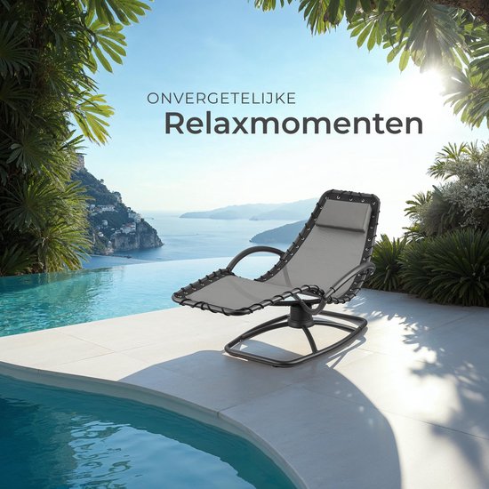 tectake® - Chaise longue Toulon - Fauteuil de jardin ergonomique avec fonction balançoire - Chaise longue réglable pour jardin, terrasse, balcon avec coussin pour la tête et accoudoirs confortables - Capacité de charge 120kg - Gris