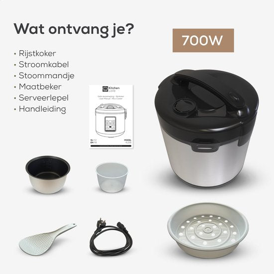 KitchenLove Rice Cooker with Steamer 1.8L - Cuiseur de riz - Fonction de réchauffage - 3 à 8 personnes - Acier inoxydable noir