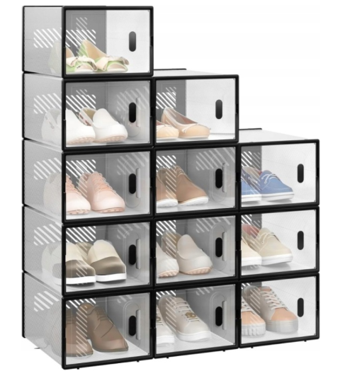 WOLTU Meuble à chaussures transparent noir - Lot de 12 boîtes empilables 35 x 25 x 19 cm