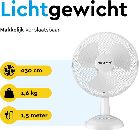 BRASQ Ventilateur de table - 30 cm - Blanc - 3 vitesses - Ventilateur de table - 40 watts