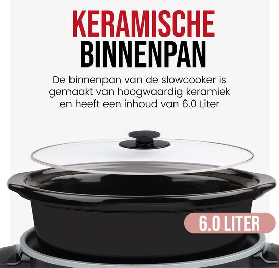 Mijoteuse numérique DistinQ 6 litres avec minuterie - Cuve intérieure en céramique - Fonction minuterie - Fonction maintien au chaud