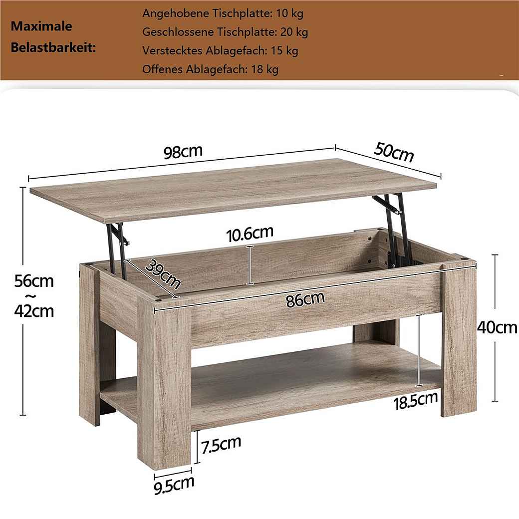 Table basse Yaheetech avec plateau relevable – Gris – 98 x 50 x 41,8/56 cm – Réglable en hauteur avec espace de rangement