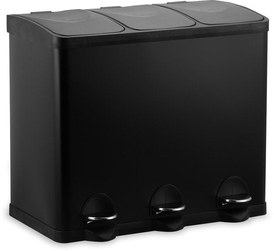Bayt Poubelle - Poubelle à pédale 45 litres - Poubelle 45 litres - Poubelle 45 litres - Séparation des déchets - Poubelle 3 compartiments - 3x15 litres - Poubelle - inox - Noir