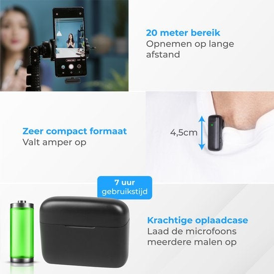 Nuvance - Microphone sans fil - 2 pièces avec étui de chargement - Microphone Tie Pin - Usb C - Microphone Lavelier - Plug & Play