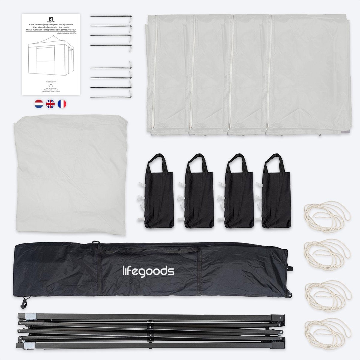 LifeGoods Tente de réception - Pavillon - 3x3 m - parois latérales - facile à monter - pliable - étanche - sac de transport à roulettes - blanc