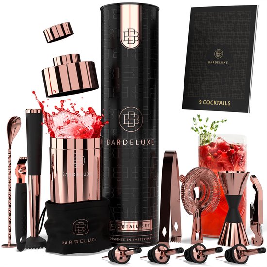 Set à cocktails BarDeluxe® - 12 pièces - Shaker 750 ml - Acier inoxydable - Avec coffret cadeau de luxe - Sac de rangement et livre de recettes - Or rose