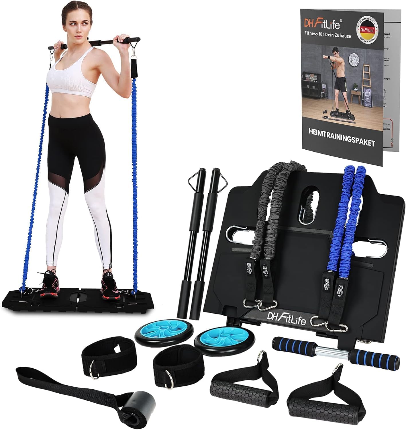 Kit complet d'entraînement à domicile DH FitLife avec bandes de résistance - 86 x 50 x 2,5 cm - Noir