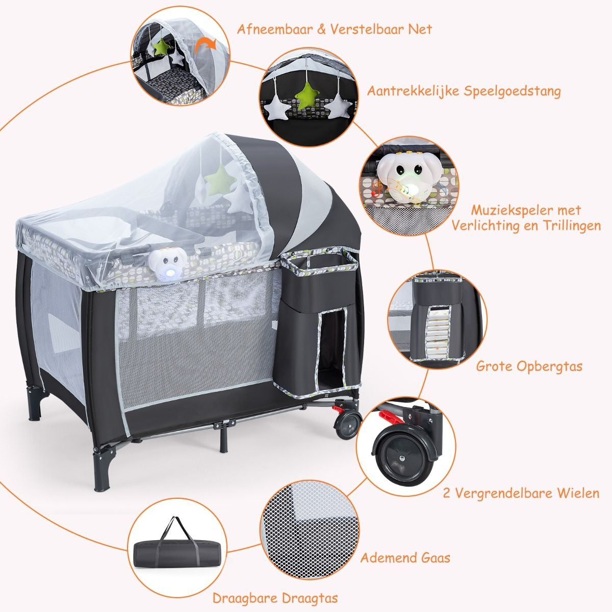 Coast Lit pliant pour bébé avec berceau et parc - jouets et musique inclus - 125 cm x 65 cm x 116 cm - Bleu et noir