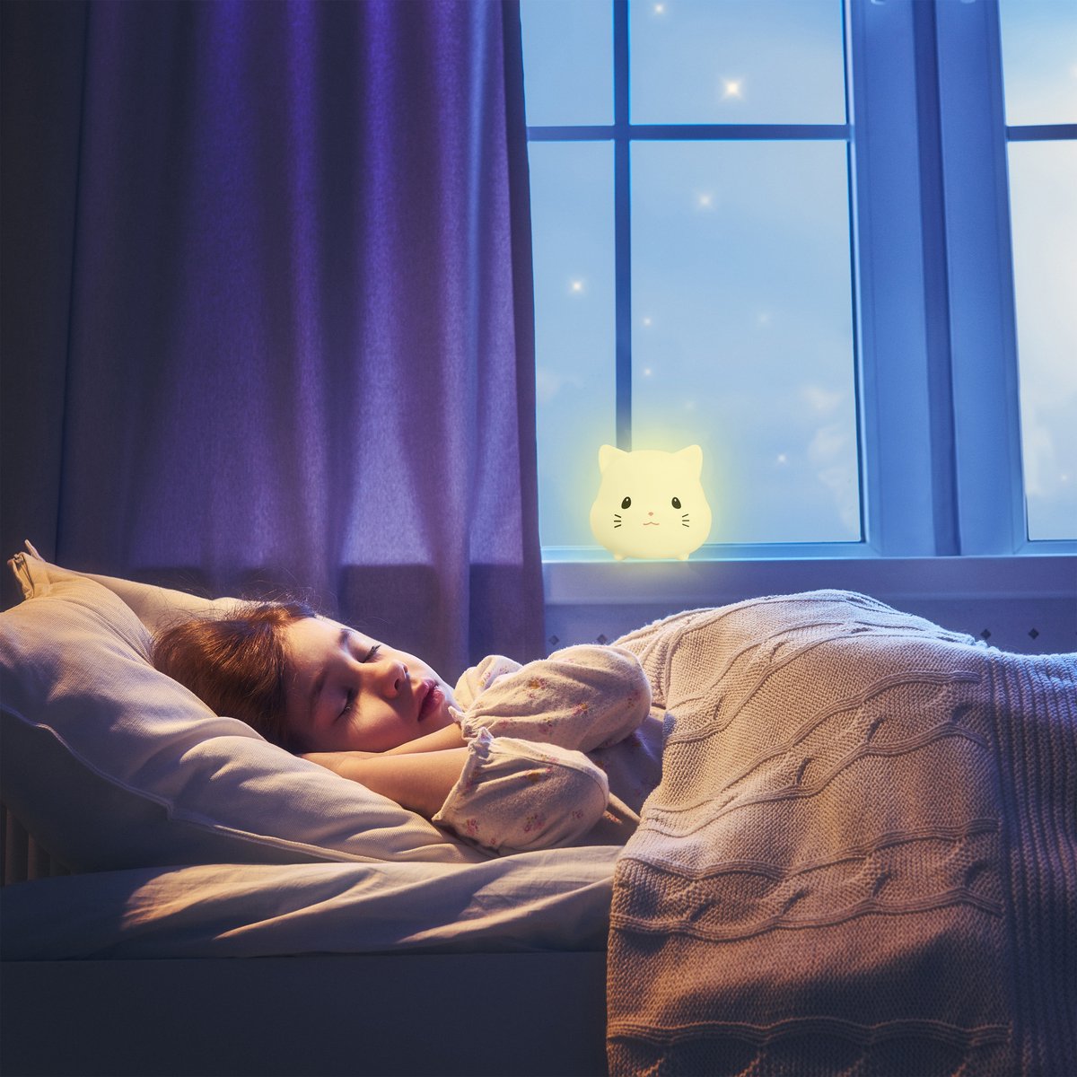 Sleepy Friends Premium Veilleuse pour chat chambre d'enfant - rechargeable par USB, dimmable, douce et sûre - 95 x 97 x 100 mm - gris