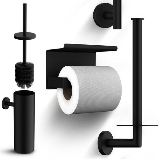Set d'accessoires de salle de bains Mirlux - Brosse de toilette avec support - Porte-rouleau de toilette - Porte-rouleau de toilette sans perçage - Crochets pour serviettes auto-adhésifs - Porte-rouleau de rechange - Porte-brosse de toilette - Noir