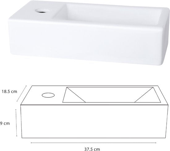 Ensemble de lavabo Differnz Helios 37,5 x 18,5 x 9 cm – Lavabo en céramique blanche – Avec robinet d'eau froide à gauche et à droite, finition or mat – Ensemble de lavabo pour salle de bains – Siphon et bouchon de vidange « Always-Open » inclus – Fixation