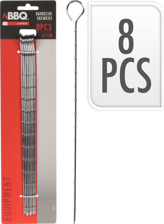 Brochettes pour barbecue - 8 pièces - Métal - 27,5 cm - Poignée ronde - Accessoires pour barbecue
