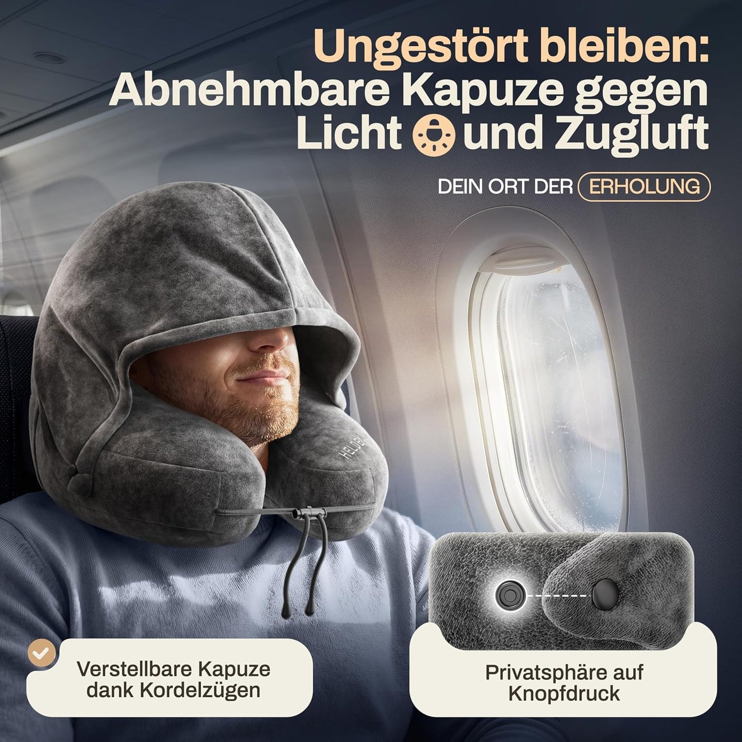 Oreiller gonflable pour la nuque Heldenwerk Premium Air - Gris foncé - Petite taille - Avec capuche et bouchons d'oreille