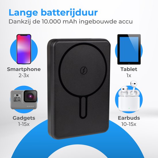 Nuvance Powerbank 10000 mAh - Adapté à MagSafe - Chargeur rapide 15W - Wireless Powerbank - Usb-A 22.5W & Usb-C 20W - Noir