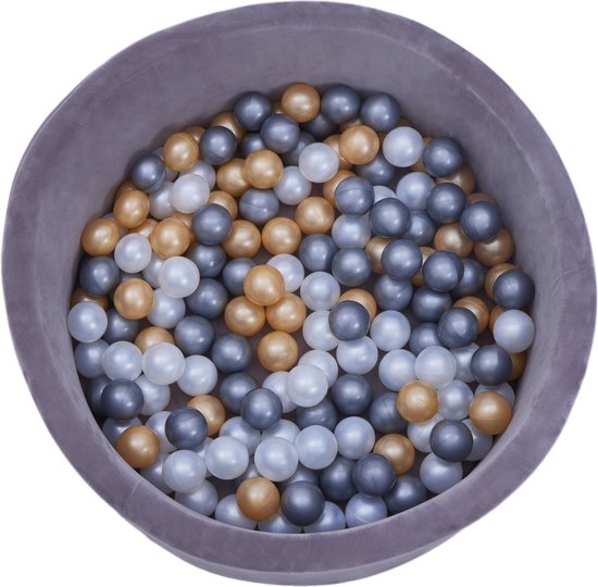 Piscine à balles Sunny Boaz avec 160 balles, couleur « Velvet Gris » – Balles blanches/grises/dorées de Ø 7 cm – Piscine à balles ronde de Ø 90 x 30 cm