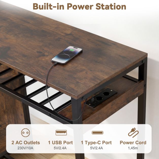Table de bar Coast avec éclairage RGB et station de recharge – Table haute avec porte-bouteilles, porte-verres et compartiments de rangement – Marron/Noir – 110 cm