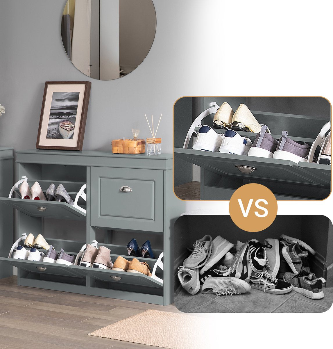 SoBuy FSR79-HG Meuble à chaussures avec 4 abattants - Meuble à chaussures avec 8 étagères - Meuble à chaussures peu encombrant pour couloir - MDF gris - 105x83x24cm