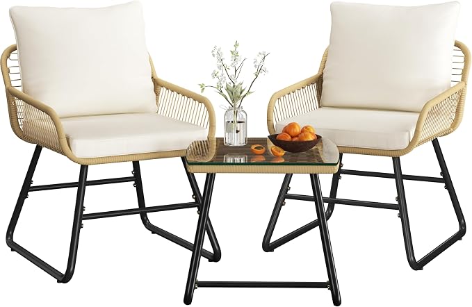 Ensemble de bistrot 3 pièces Yaheetech - Coussins et table en verre inclus - Beige/crème