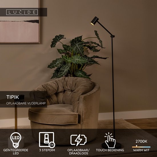 Lucide TIPIK - Lampadaire rechargeable - Batterie - LED à 3 niveaux de réglage de l'intensité - 1x3 W 2700 K - Noir