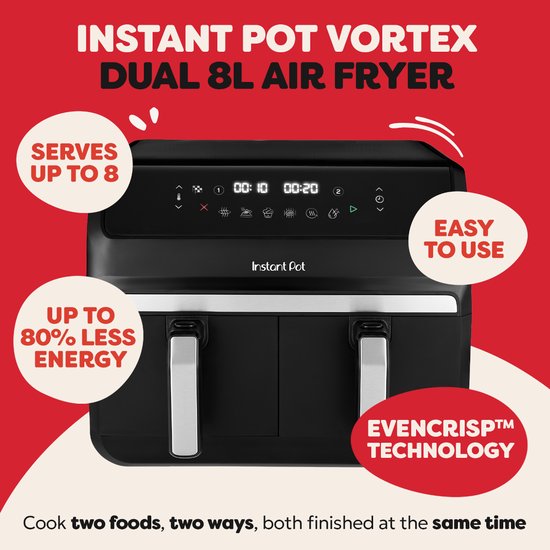 Instant Pot Vortex Dual Drawer 8L Airfryer – Friteuse à air chaud double avec 2 tiroirs de 4 L – SyncCook™ & SyncFinish™ – ClearCook – 8-en-1 – Jusqu'à 205 °C – Lavable au lave-vaisselle