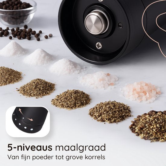 Deleca Moulin à poivre et à sel électrique Gustaro - Capacité de stockage de 130 ml - Moulin à poivre et à sel de luxe - Mouture réglable - Rechargeable par USB / Noir