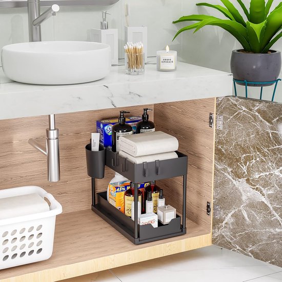 Nexxt Kitchen Cabinet Organiser - 2 Layers - Rack with Pull-out Drawer - Includes Hooks and Trays - Sink Organiser - Black