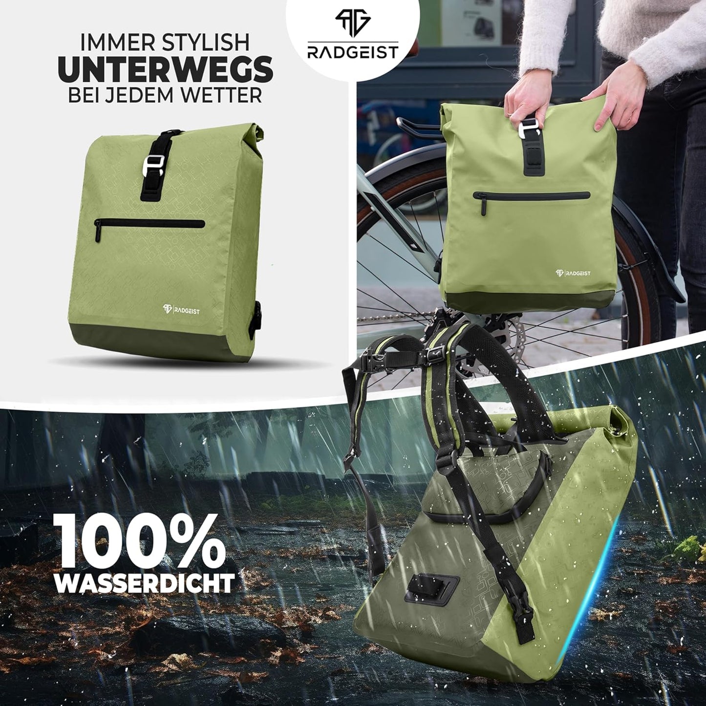 RADGEIST sac à vélo pour porteur I sac à vélo & sac à dos I sac à vélo pour femmes & hommes I sac à bandoulière & sac à vélo pour vélo 20L vert
