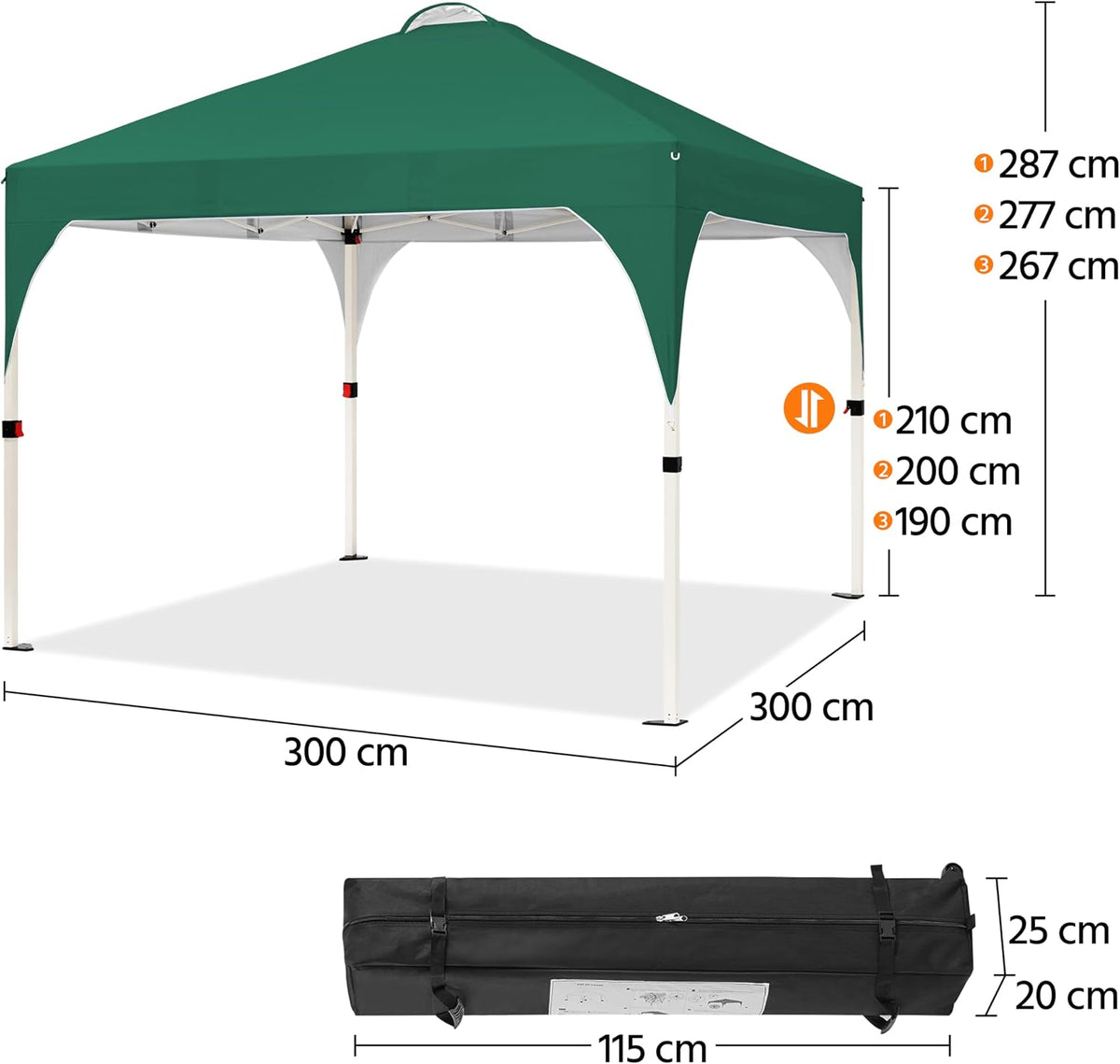 Pavillon pliable 3 × 3 m, pavillon de jardin pop-up, réglable en hauteur, avec ventilation et sac de transport, vert foncé