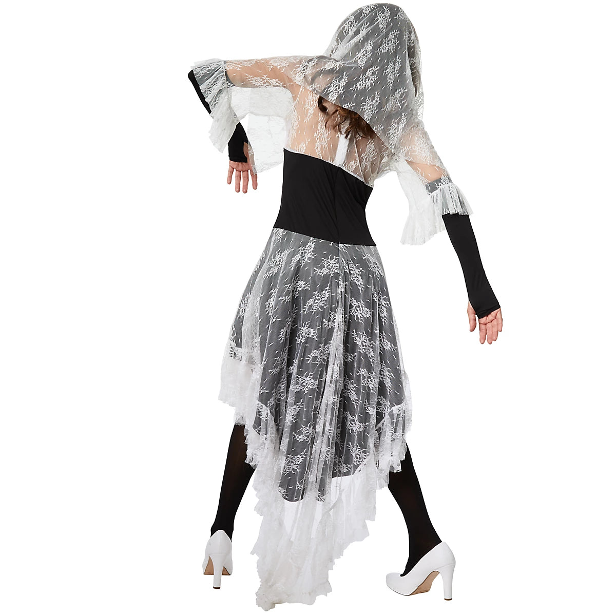 DressForFun : costume de mariée squelette effrayant pour femme – avec col montant en dentelle, bonnets rembourrés et voile – pour Halloween et le carnaval – polyester noir et blanc – taille S