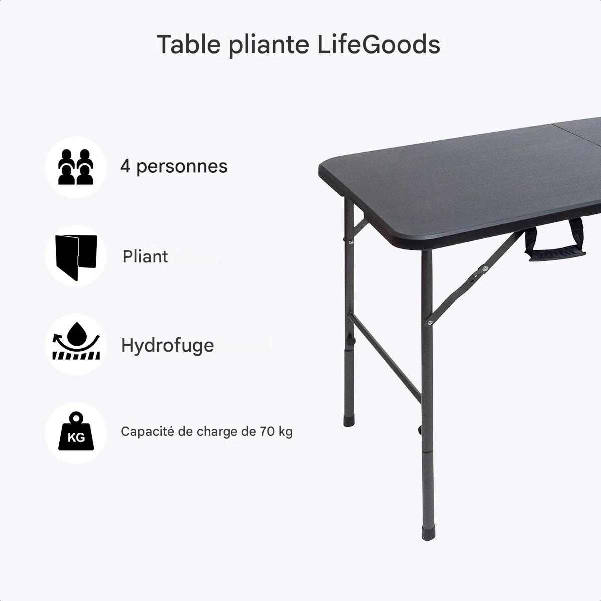 Table pliante - LifeGoods - 60x120cm - Table de camping - Résistante aux intempéries - Table pliante - Noir