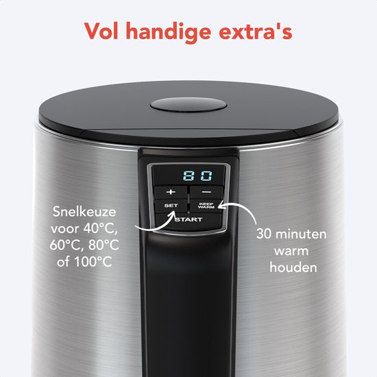 KitchenBrothers Bouilloire - Électrique - 1,5L - 2200W - Contrôle de température réglable - Double paroi - Bouilloire en acier inoxydable - Silver