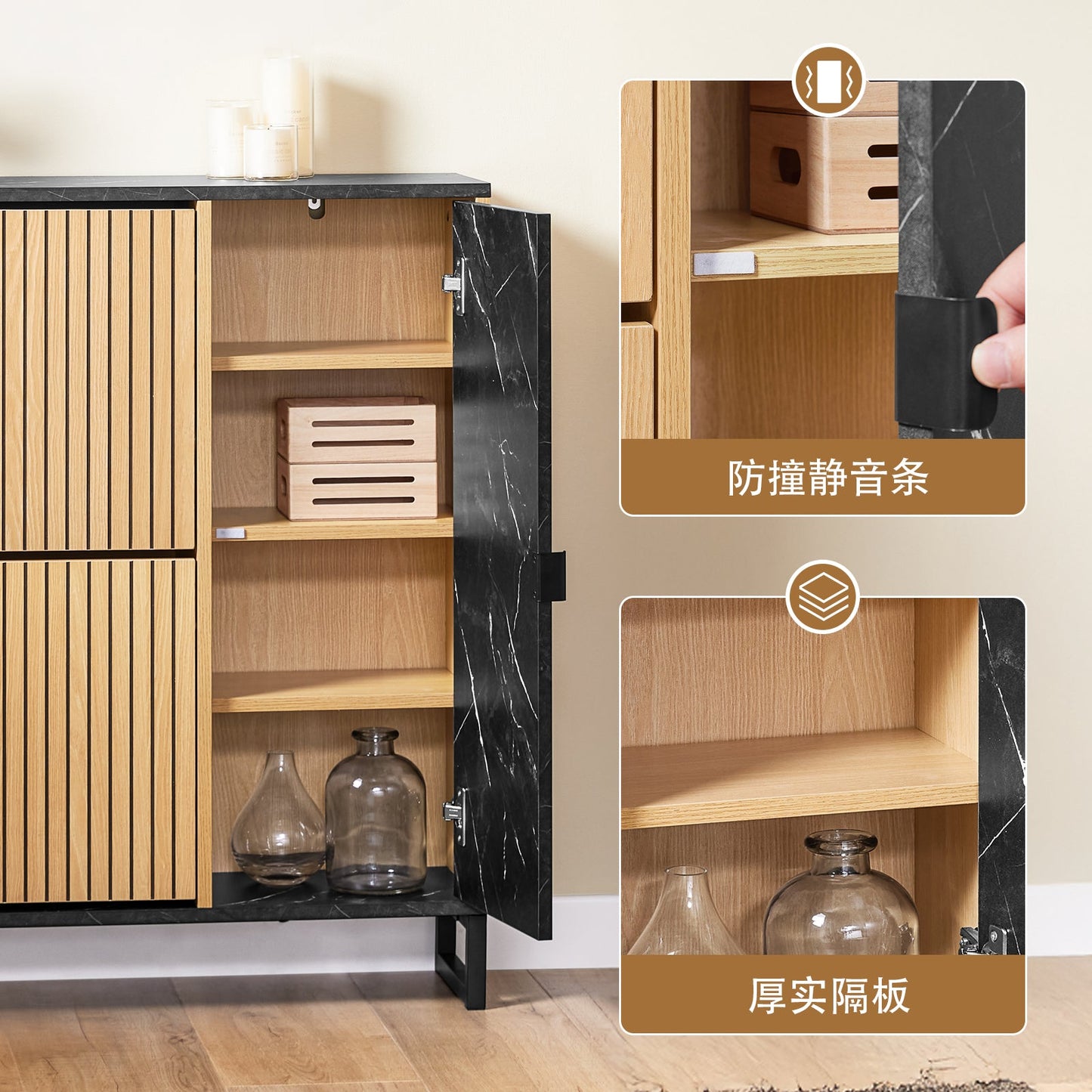 SoBuy FSR203-N Meuble à chaussures pour entrée étroite, 2 abattants et porte latérale, design scandinave, compact, noir et bois clair, 90 x 24 x 88 cm