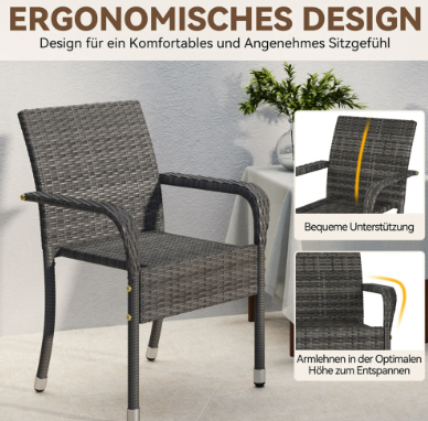 Yaheetech : lot de 2 chaises de jardin en rotin - Gris - 58 x 58 x 84 cm - Empilables, avec accoudoirs