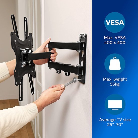 PHILIPS Support mural TV SQM9232/10 - TV de 26" à 70" - Max. 35 KG - TV LED, LCD, QLED, OLED, incurvées et plates - Gestion des câbles TV - Trous de fixation VESA - Noir
