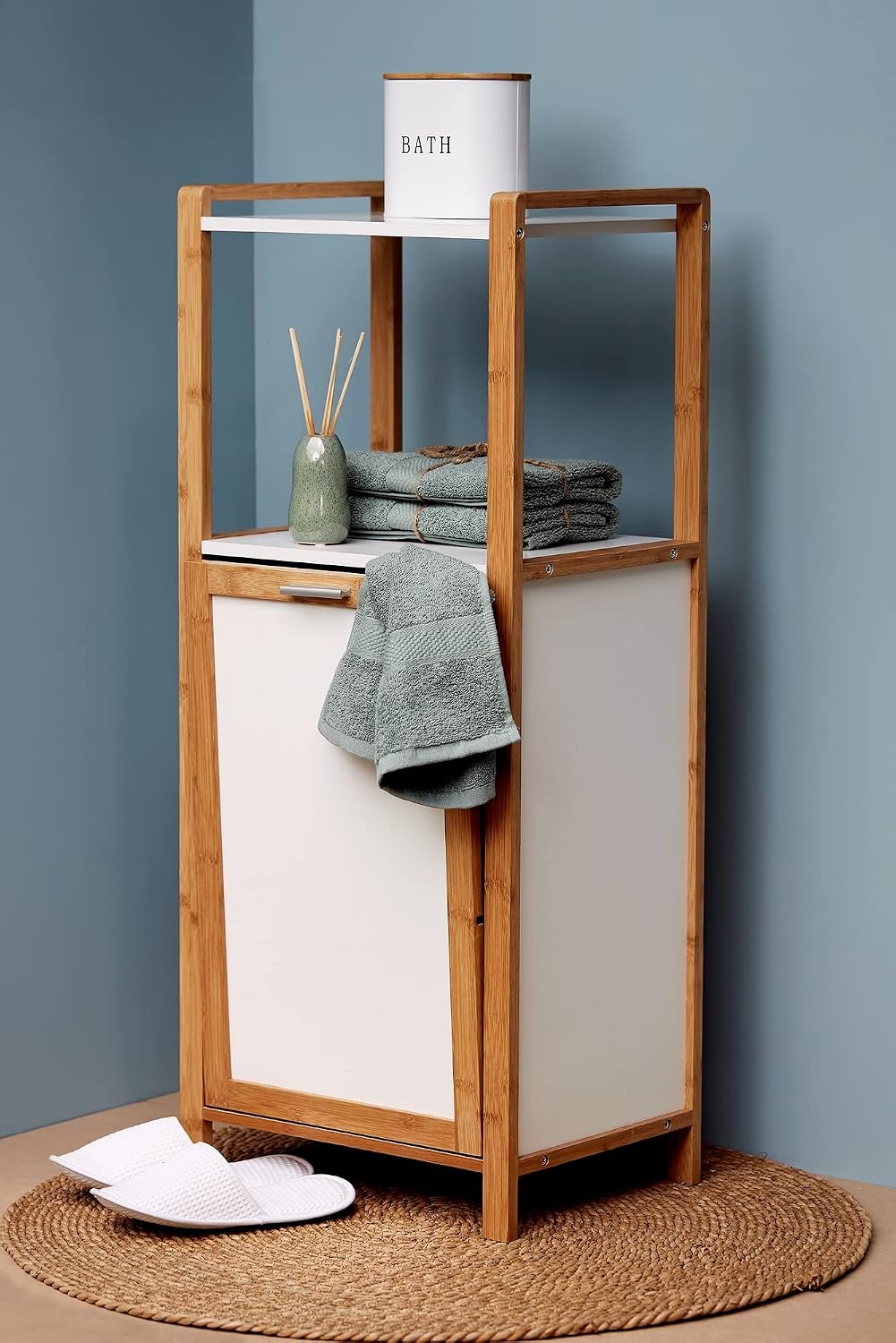 Panier à linge Wenko Finja avec étagère – Bambou/Blanc – 40 x 95 x 30 cm